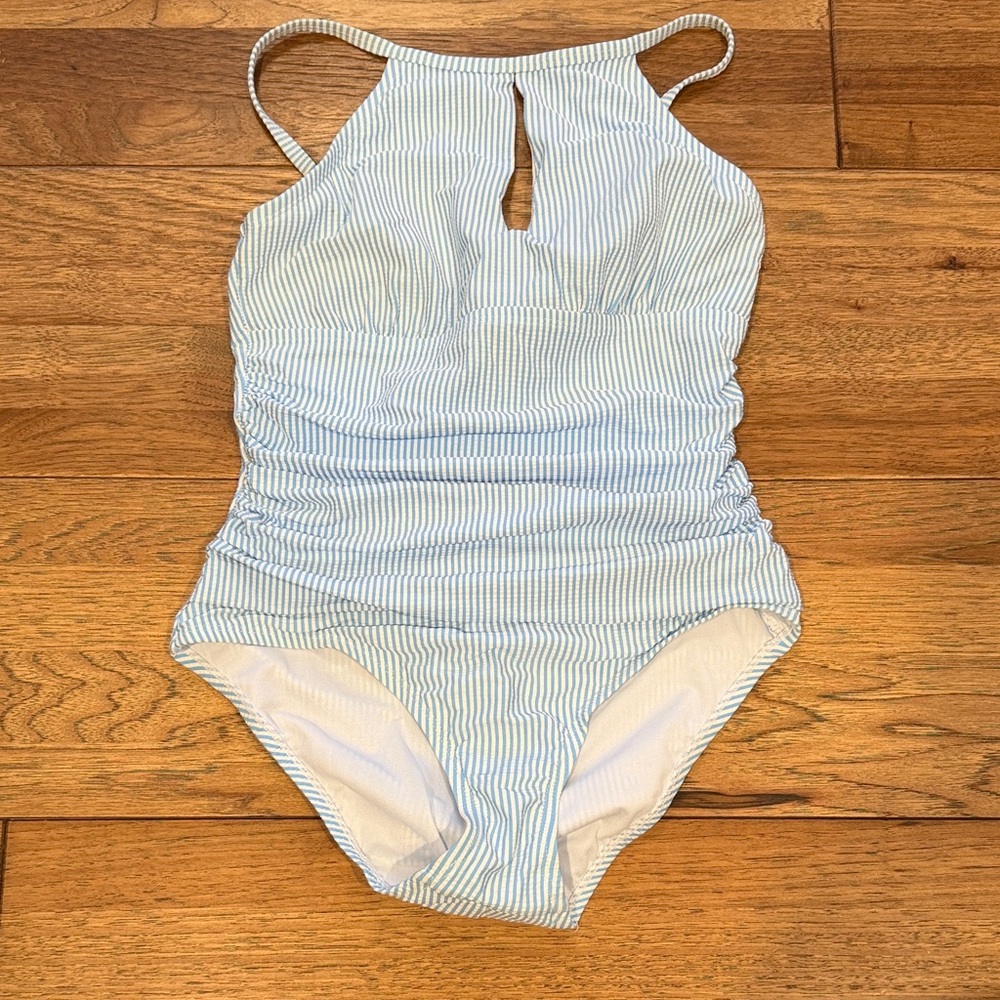 Ellen Tracy Blue & White Striped High Neck Swimsuit
